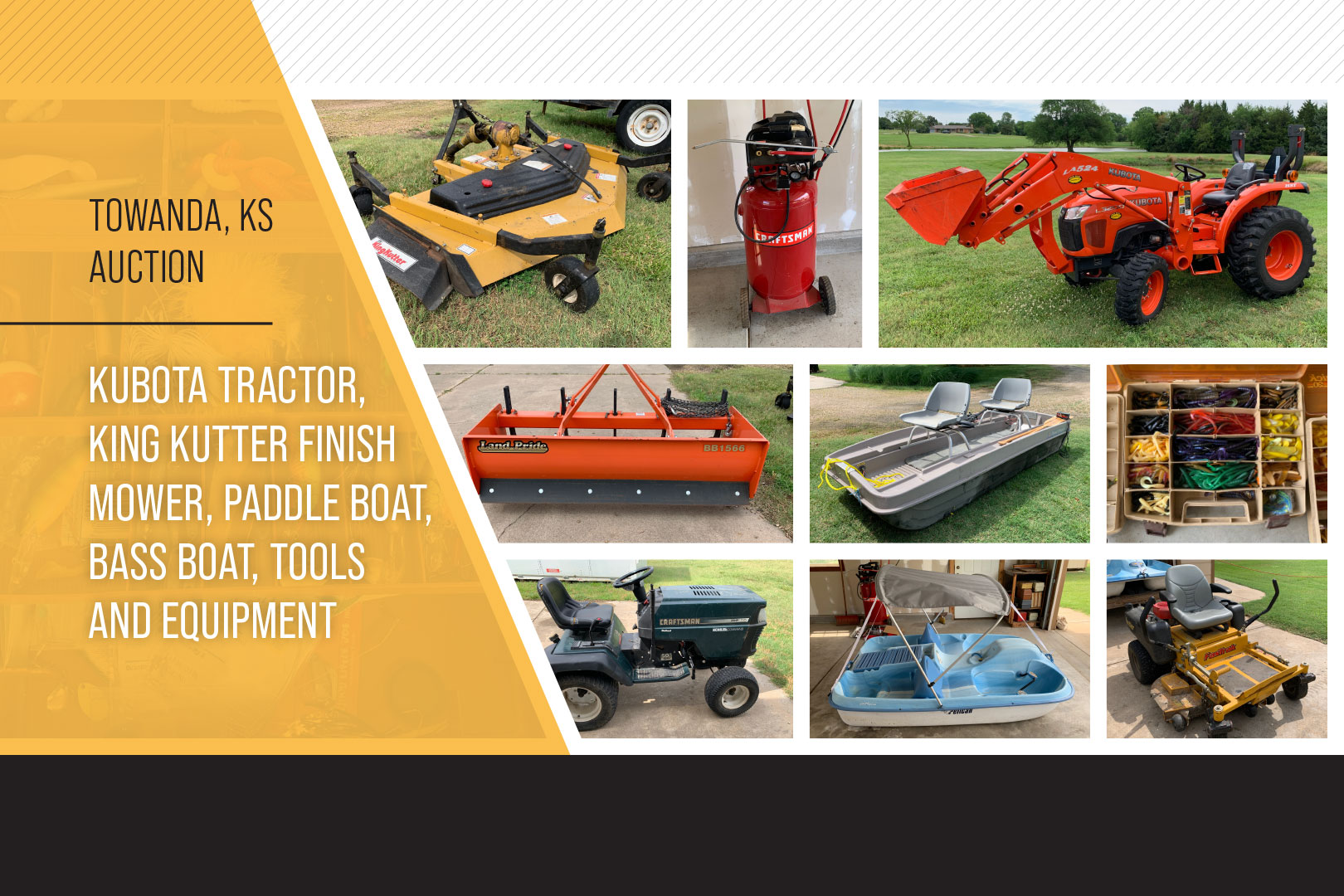 Towanda, KS Kubota Tractor, King Kutter Finish Mower, Paddle Boat